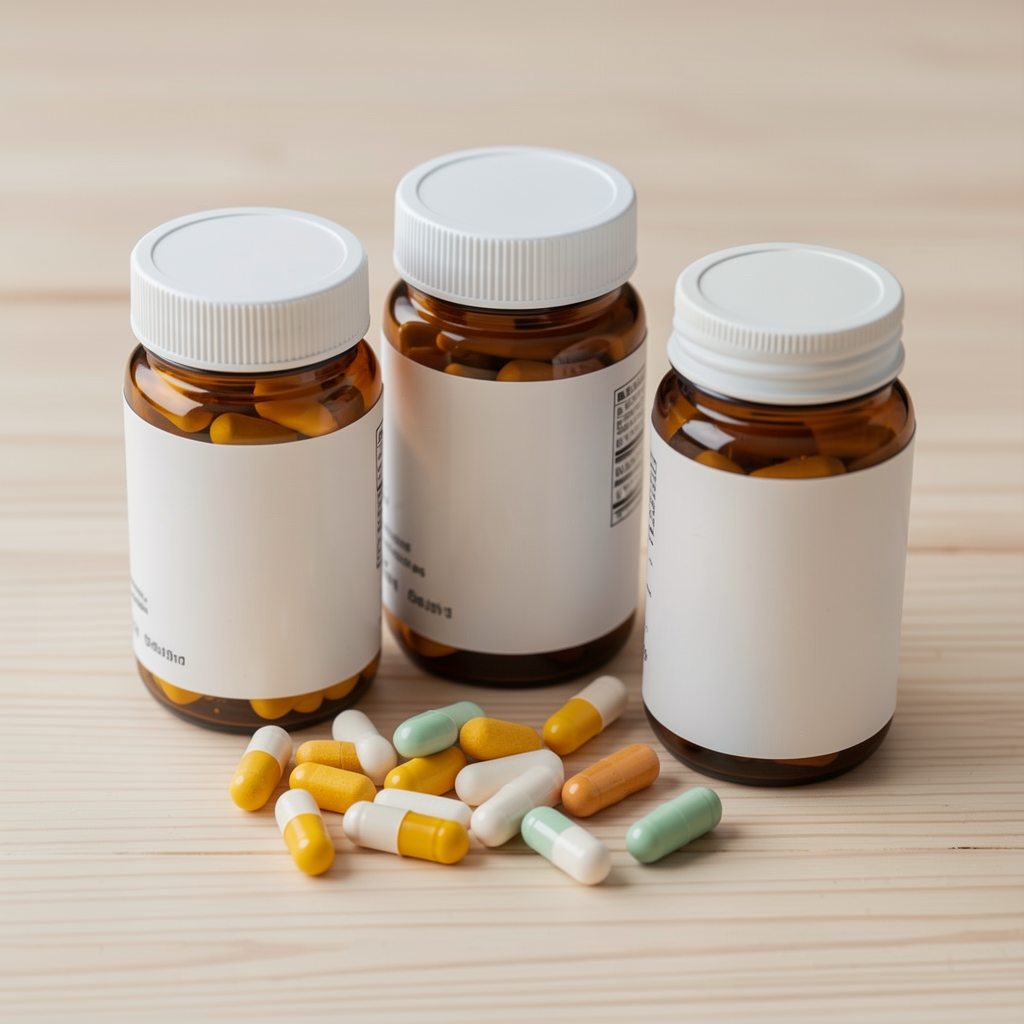 Close-up of vitamin containers and supplement portions on a pale wooden surface, editorial still life composition