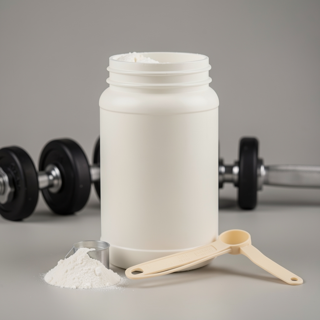 Protein powder and measuring scoop on a neutral background with weights visible in the background, editorial composition