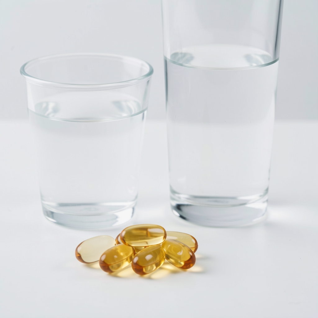 Omega-3 fish oil portions and a glass of water on a minimal white surface, close-up editorial photography