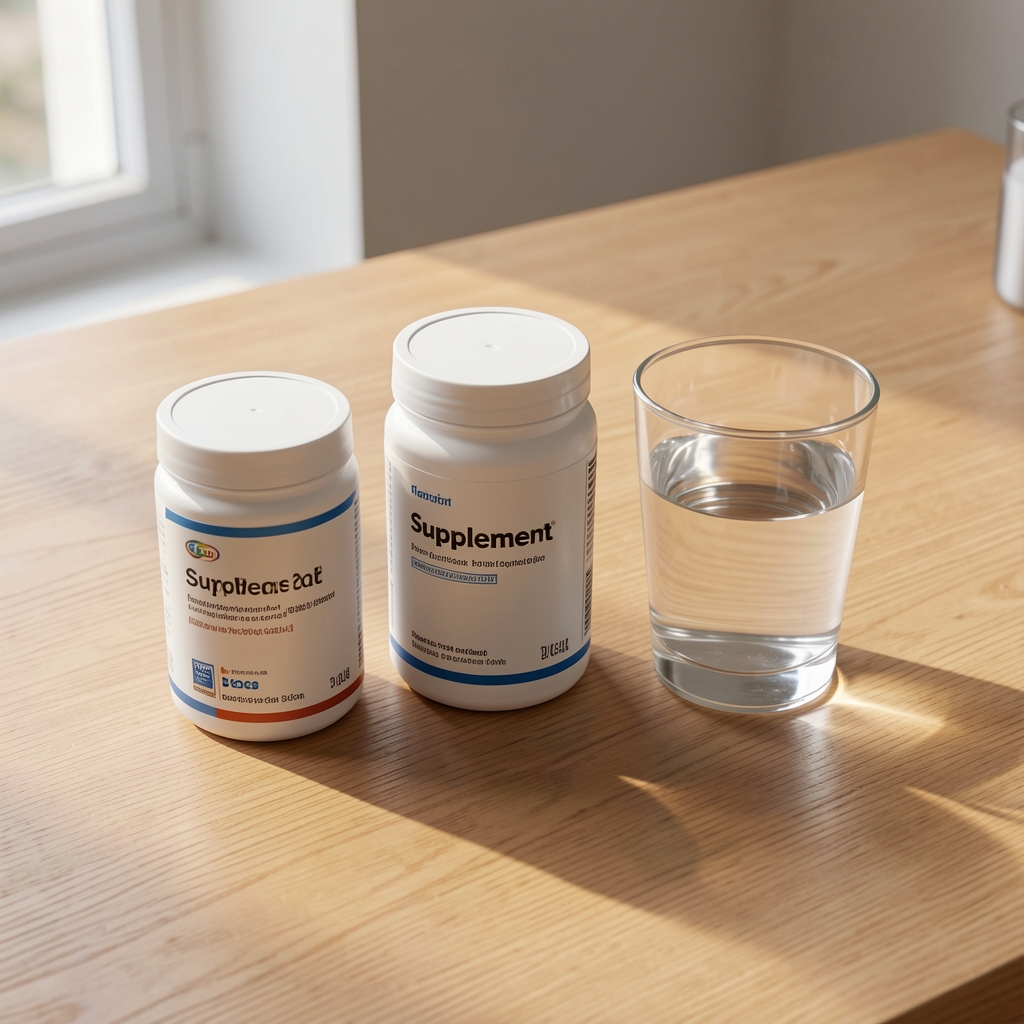 Supplement containers and a glass of water arranged on a clean wooden desk in morning natural light, editorial flat lay composition